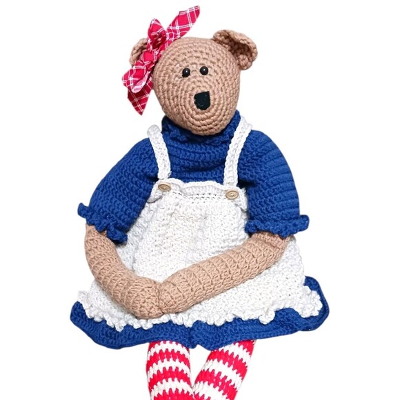 Vintage BIG Hand Crocheted Stuffed Teddy Bear Americana Girl Draft Blocker 32" H - Picture 2 of 7